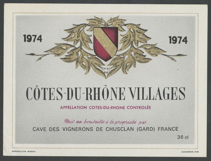 Côtes-Du-Rhône Villages. Cave des Vignerons de Chusclan [bottle labels], Imp. Gougenheim, ca. 1974