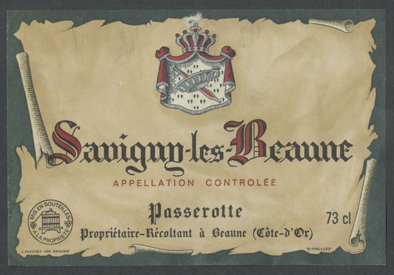 Savigny-les Beaune. Domaine Passerotte [etiqueta d'ampolla], J. Deveveny Imp., segona meitat del segle XX
