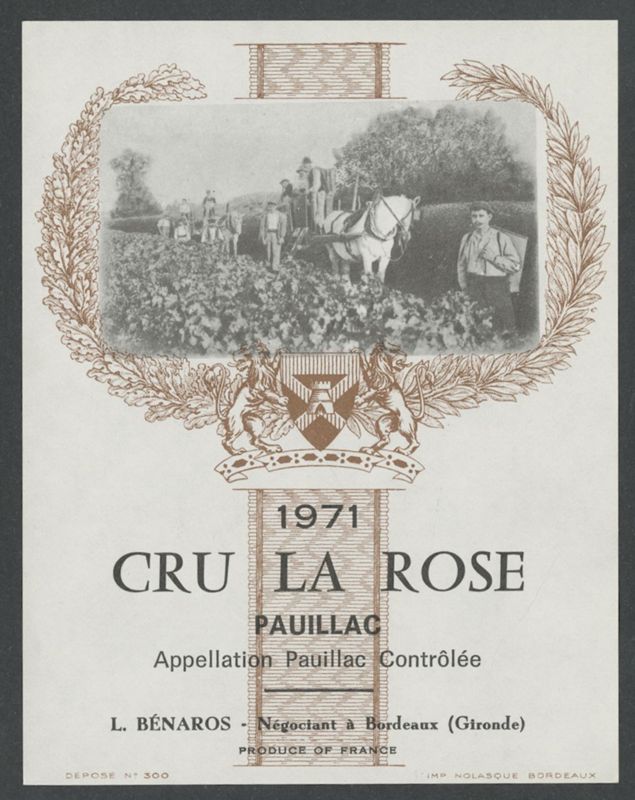Cru La Rose. L. Bénaros [etiqueta d'ampolla], Nolasque, 1971