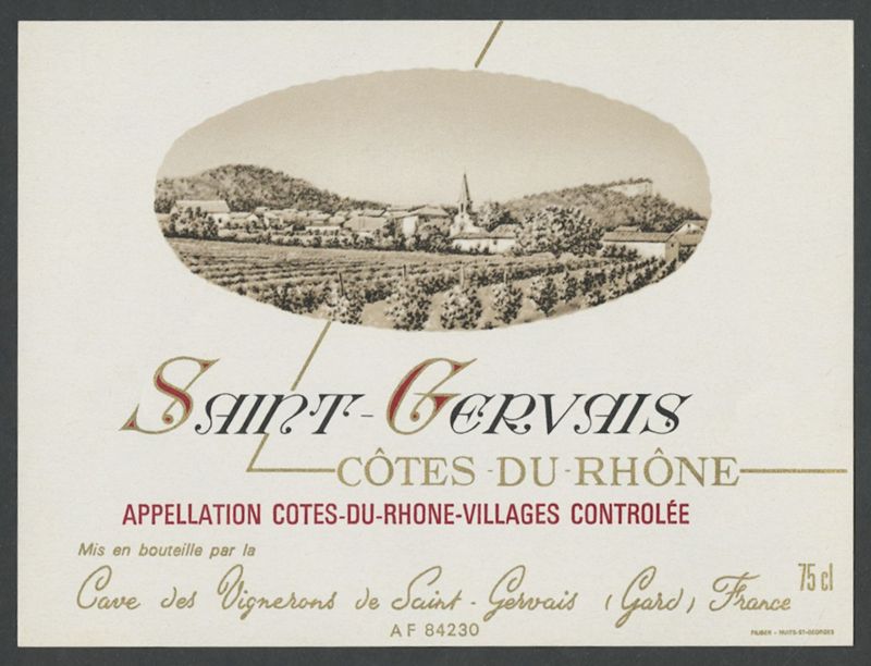 Saint-Gervais. Côtes du Rhône. Cave des Vignerons de Saint-Gervais [etiqueta d'ampolla], Filiber a Nuits, tercer quart del segle XX