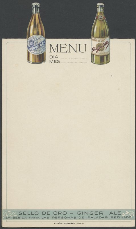 Menu. Compañía de Gaseosas Posada Tobón [menú], A. Trüb & Cie, ca. 1929