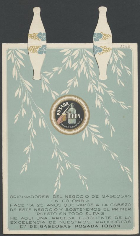 Menu. Compañía de Gaseosas Posada Tobón [menú], A. Trüb & Cie, ca. 1929