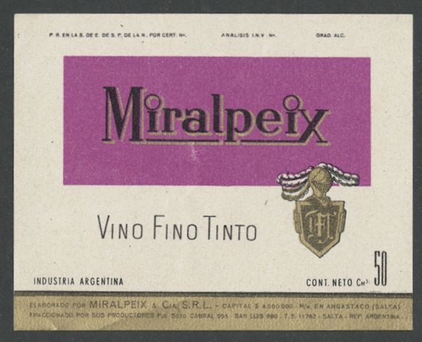 Miralpeix Vino Fino Tinto. Miralpeix & Cia, SRL [etiqueta d'ampolla], segon terç del segle XX - darrer quart del segle XX