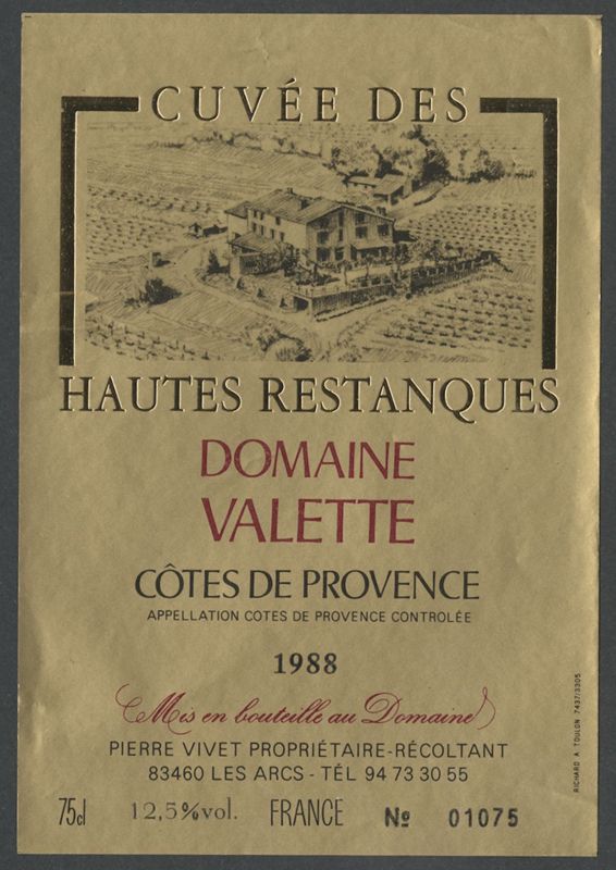 Cuvée des Hautes Restanques 1988. Domaine Valette [etiqueta d'ampolla], Richard, 1988