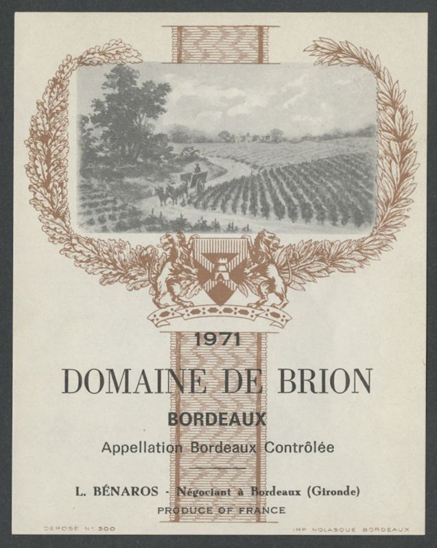 Domaine de Brion L. Bénaros [etiqueta d'ampolla], Nolasque, 1971