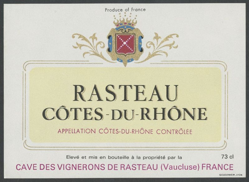 Rasteau Côtes-Du-Rhône. Cave des Vignerons de Rasteau [bottle labels], Imp. Gougenheim, darrer quart del segle XX