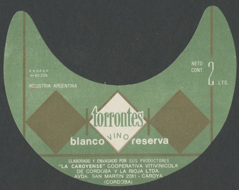 Torrontes Vino Blanco Reserva. La Caroyense [etiqueta d'ampolla], segon terç del segle XX - darrer quart del segle XX