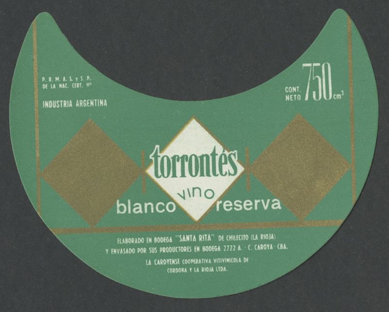 Torrontes Vino Blanco Reserva. La Caroyense [etiqueta d'ampolla], segon terç del segle XX - darrer quart del segle XX