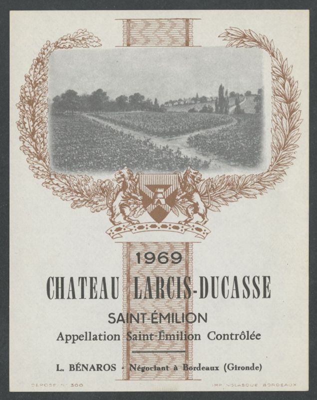 Chateau Larcis-Ducasse. L. Bénaros [etiqueta d'ampolla], Nolasque, 1969