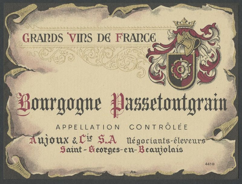 Bourgogne Passetoutgrain. Aujoux & Cie, SA [etiqueta d'ampolla], Imprimerie R. M., segle XX