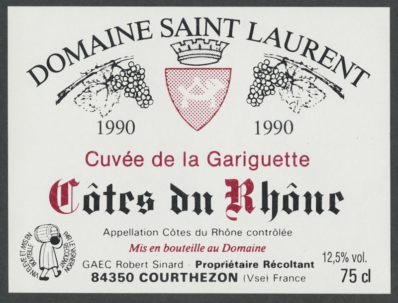 1990. Cuvée de la Gariguette. Domaine Saint Laurent [bottle labels], 1990
