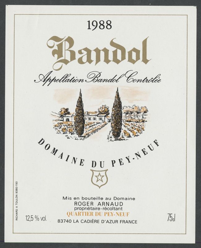 Bandol 1988. Domaine du Pey-Neuf [etiqueta d'ampolla], Richard, 1988
