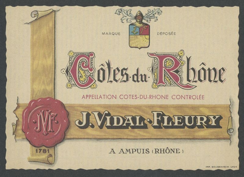 Côtes-du-Rhône. J. Vidal-Fleury [bottle labels], Imp. Gougenheim, segon terç del segle XX