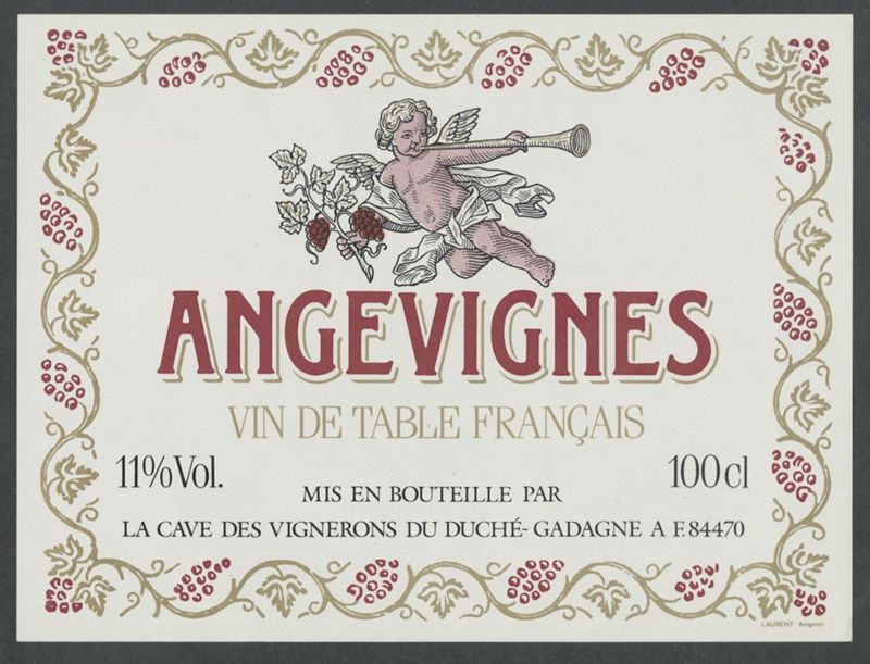 Angevignes. Les Vignerons du Duché de Gadagne [etiqueta d'ampolla], G. Laurent, darrer quart del segle XX