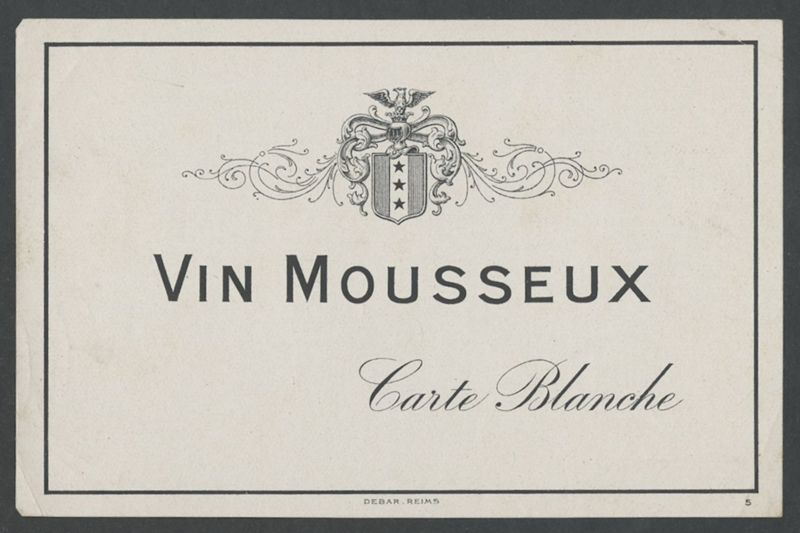 Carte Blanche. Vin Mousseux [etiqueta d'ampolla], Imprimerie Debar & Cie, primer terç del segle XX