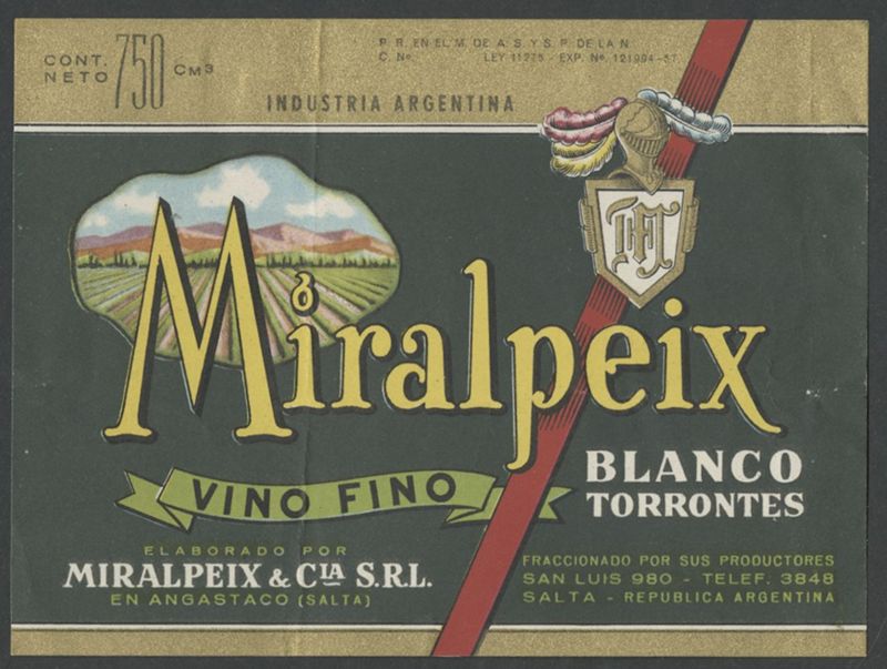 Miralpeix Blanco Torrontes. Miralpeix & Cia, SRL [etiqueta d'ampolla], segon terç del segle XX - darrer quart del segle XX