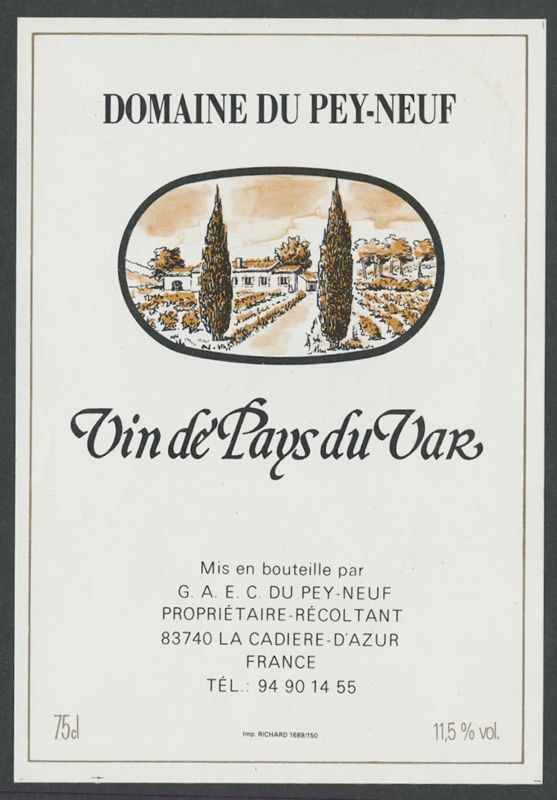 Vin de Pays du Vak. Domaine du Pey-Neuf [etiqueta d'ampolla], Richard, darrer quart del segle XX