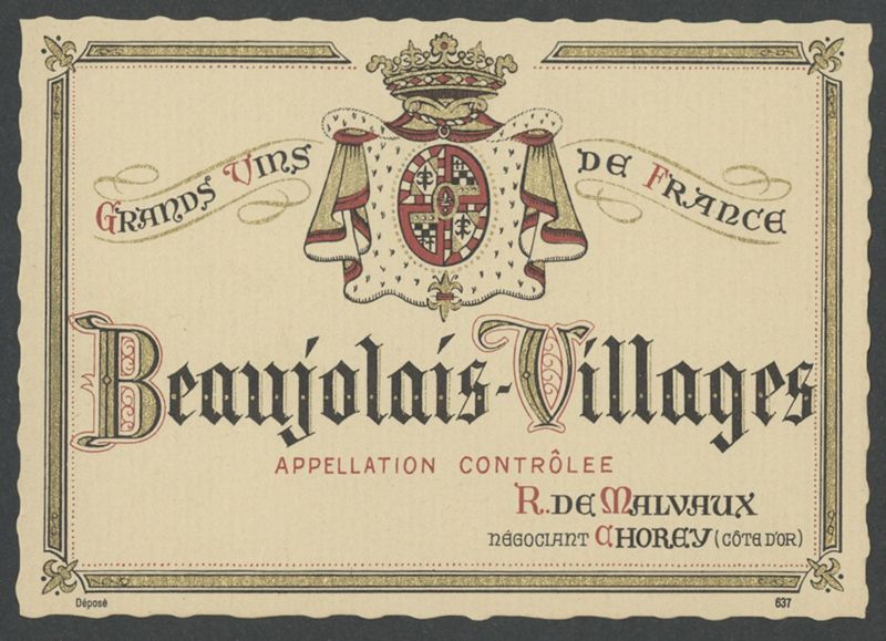 Grands Vins de de France. R. de Malvaux [etiqueta d'ampolla], primer quart del segle XX
