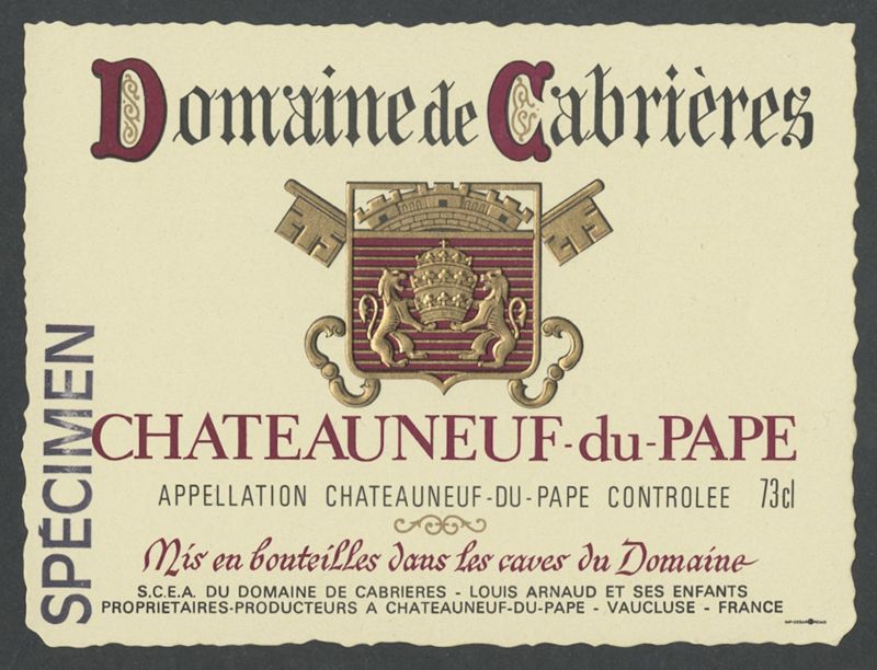 Spécimen. Domaine de Cabrières [etiqueta d'ampolla], Imprimerie Debar & Cie, darrer quart del segle XX