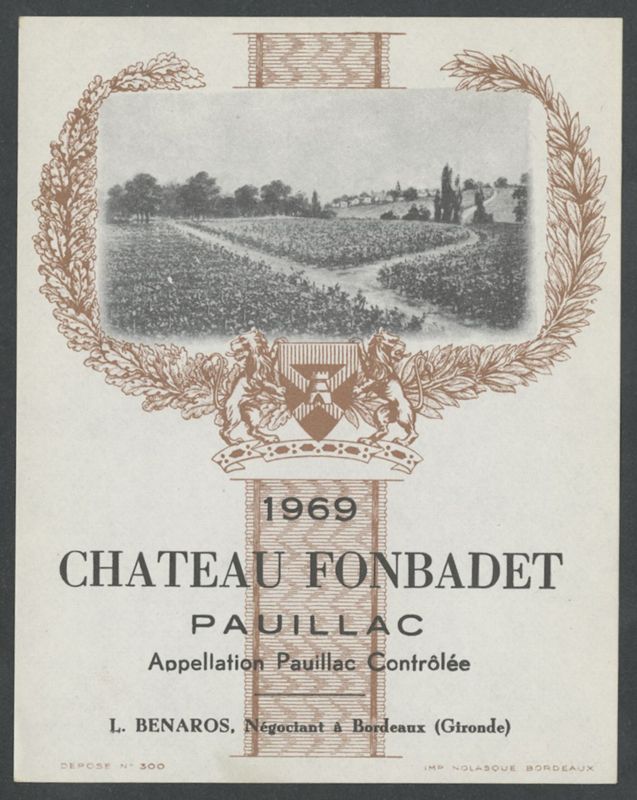 Chateau Fonbadet. L. Bénaros [etiqueta d'ampolla], Nolasque, 1969
