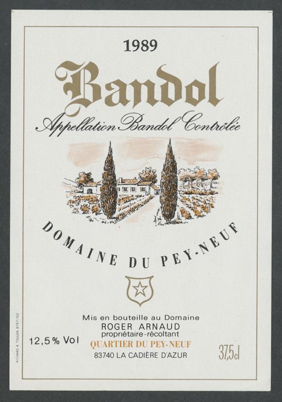 Bandol 1989. Domaine du Pey-Neuf [etiqueta d'ampolla], Richard, 1989
