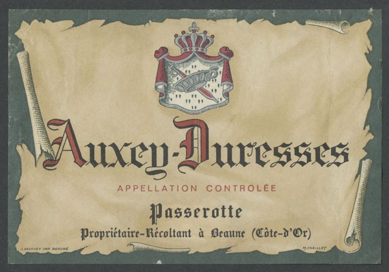 Auxey-Duresses. Domaine Passerotte [etiqueta d'ampolla], J. Deveveny Imp., segona meitat del segle XX