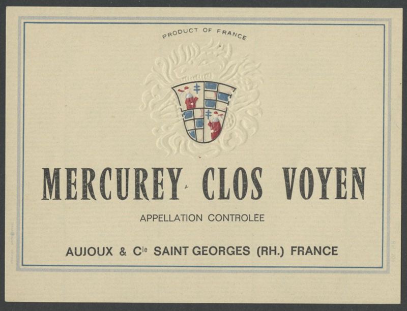 Mercurey Clos Voyen. Aujoux & Cie, SA [etiqueta d'ampolla], Imprimerie Debar & Cie, segona meitat del segle XX