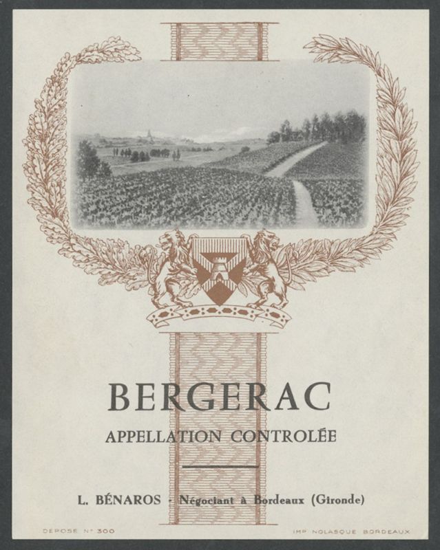 Bergerac. L. Bénaros [etiqueta d'ampolla], Nolasque, darrer quart del segle XX
