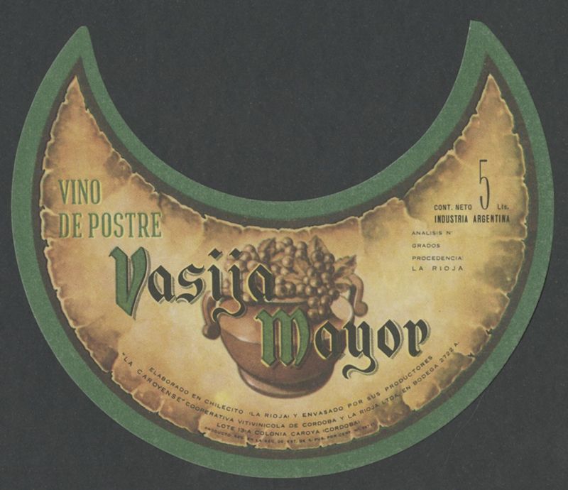 Vasija Mayor. Vino de postre. La Caroyense [etiqueta d'ampolla], segon terç del segle XX - darrer quart del segle XX