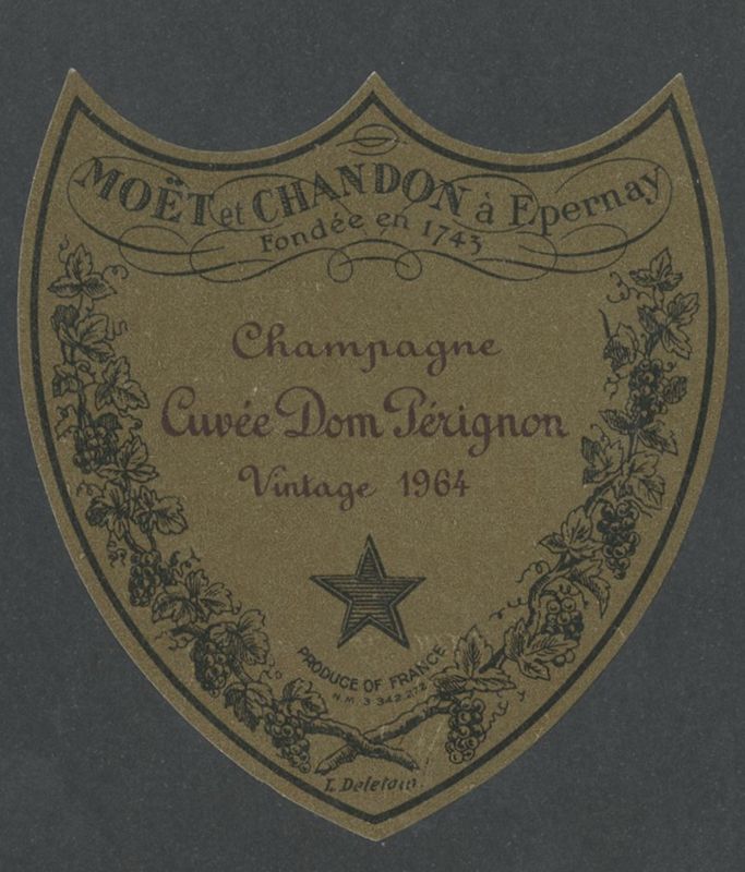 Dom Pérignon 1964. Möet & Chandon [bottle labels], Imprimerie L. Deletain, 1964