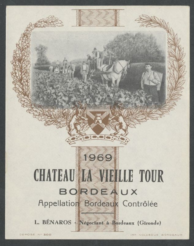 Chateau La Vieille Tour. L. Bénaros [etiqueta d'ampolla], Nolasque, 1969