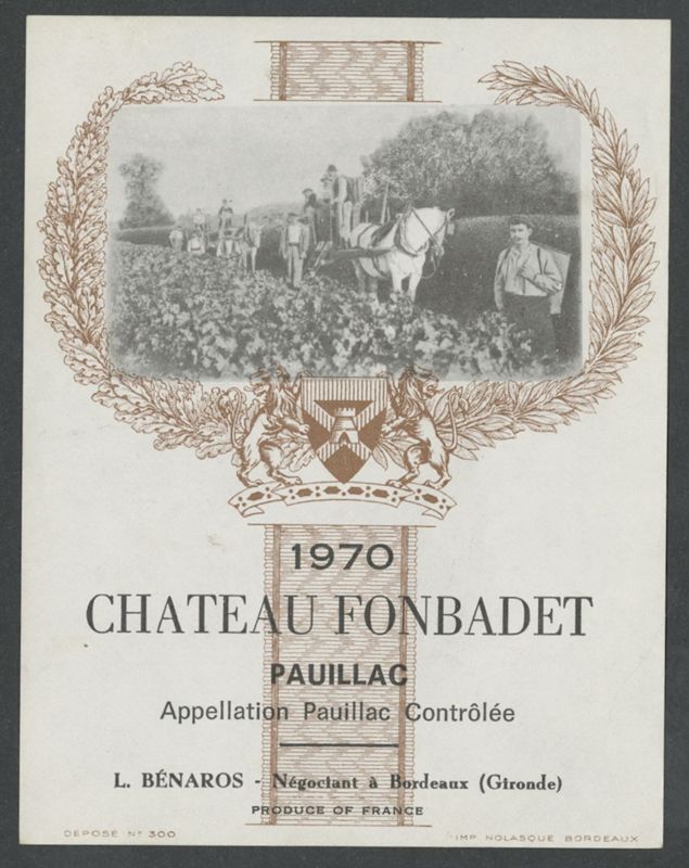Chateau Fonbadet. L. Bénaros [etiqueta d'ampolla], Nolasque, 1970
