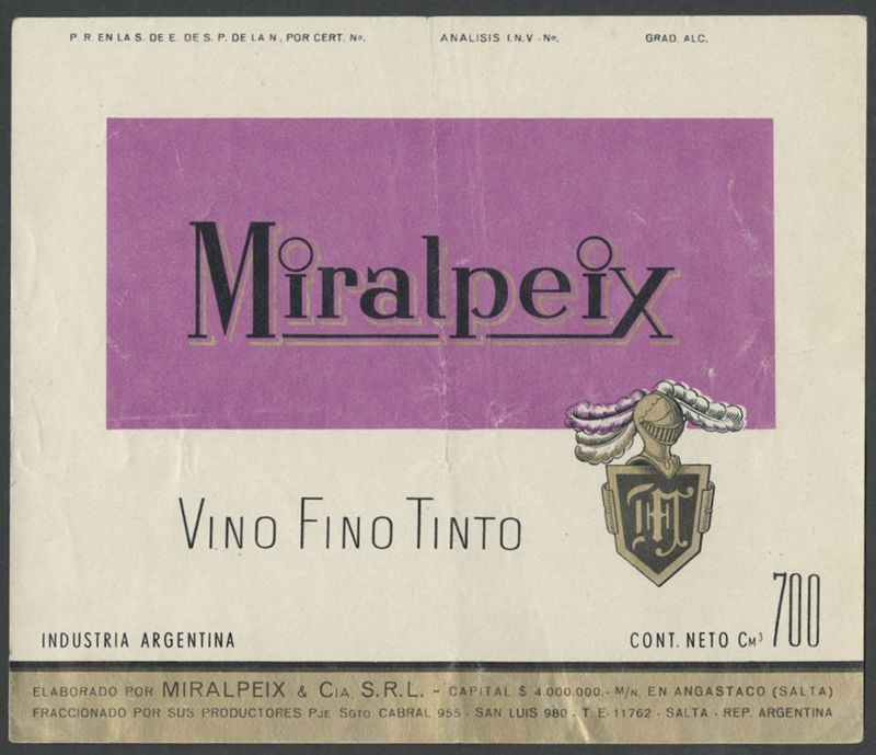 Miralpeix Vino Fino Tinto. Miralpeix & Cia, SRL [etiqueta d'ampolla], segon terç del segle XX - darrer quart del segle XX