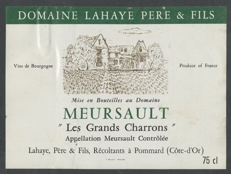 Meursault. Domaine Lahaye Pere & Fils [etiqueta d'ampolla], S. Millet, darrer quart del segle XX