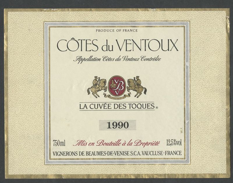 Côtes du Ventoux. Cave des Vignerons de Beaumes-de Venise [etiqueta d'ampolla], Imprimerie Wetterwald, ca. 1990