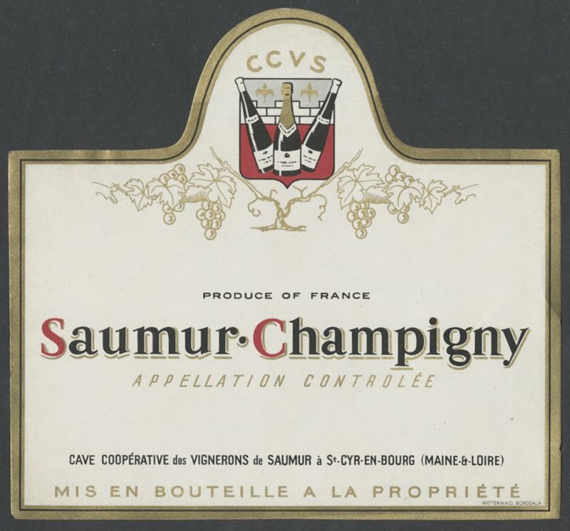Saumur·Champigny. Cave Coopérative des Vignerons de Saumur [etiqueta d'ampolla], Imprimerie Wetterwald, segona meitat del segle XX