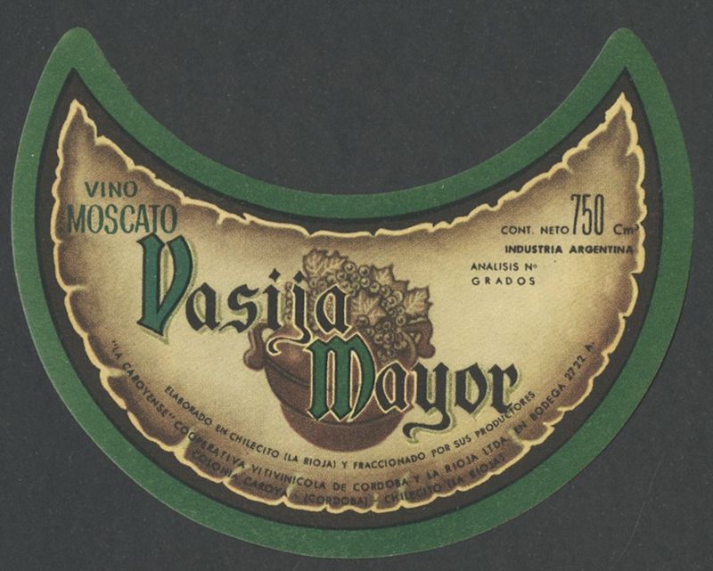 Vasija Mayor. Vino Moscato. La Caroyense [etiqueta d'ampolla], segon terç del segle XX - darrer quart del segle XX