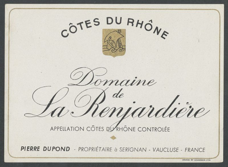 Domaine La Renjardière. Pierre Dupond [bottle labels], Imp. Gougenheim, segona meitat del segle XX
