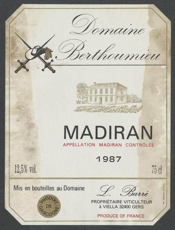 Madiran. Domaine Berthoumieu [etiqueta d'ampolla], Imp. Coupeaud, 1987