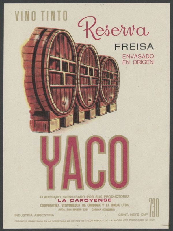 Yaco Freisa. Vino Tinto. La Caroyense [bottle labels], segon terç del segle XX - darrer quart del segle XX