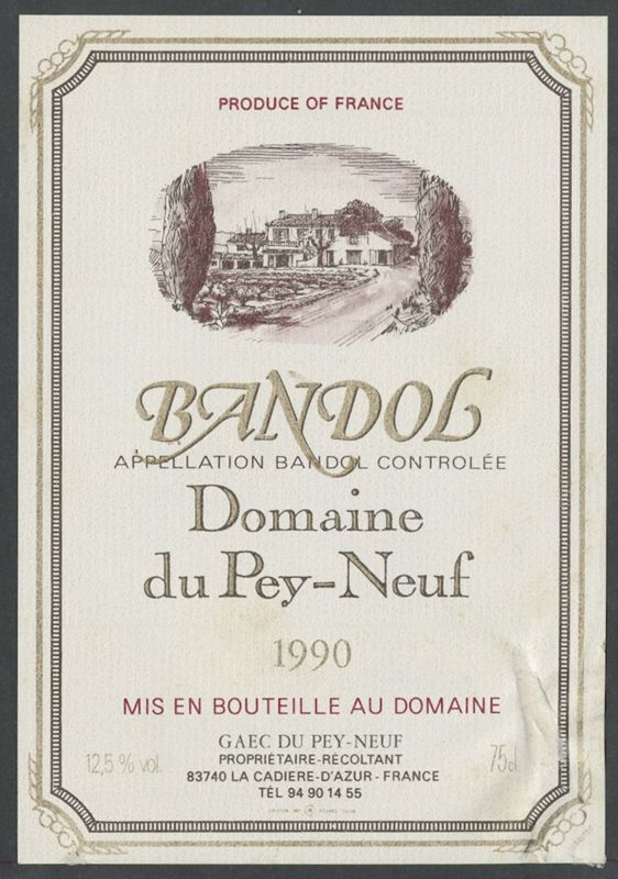Bandol 1990. Domaine du Pey-Neuf [etiqueta d'ampolla], Richard, 1990